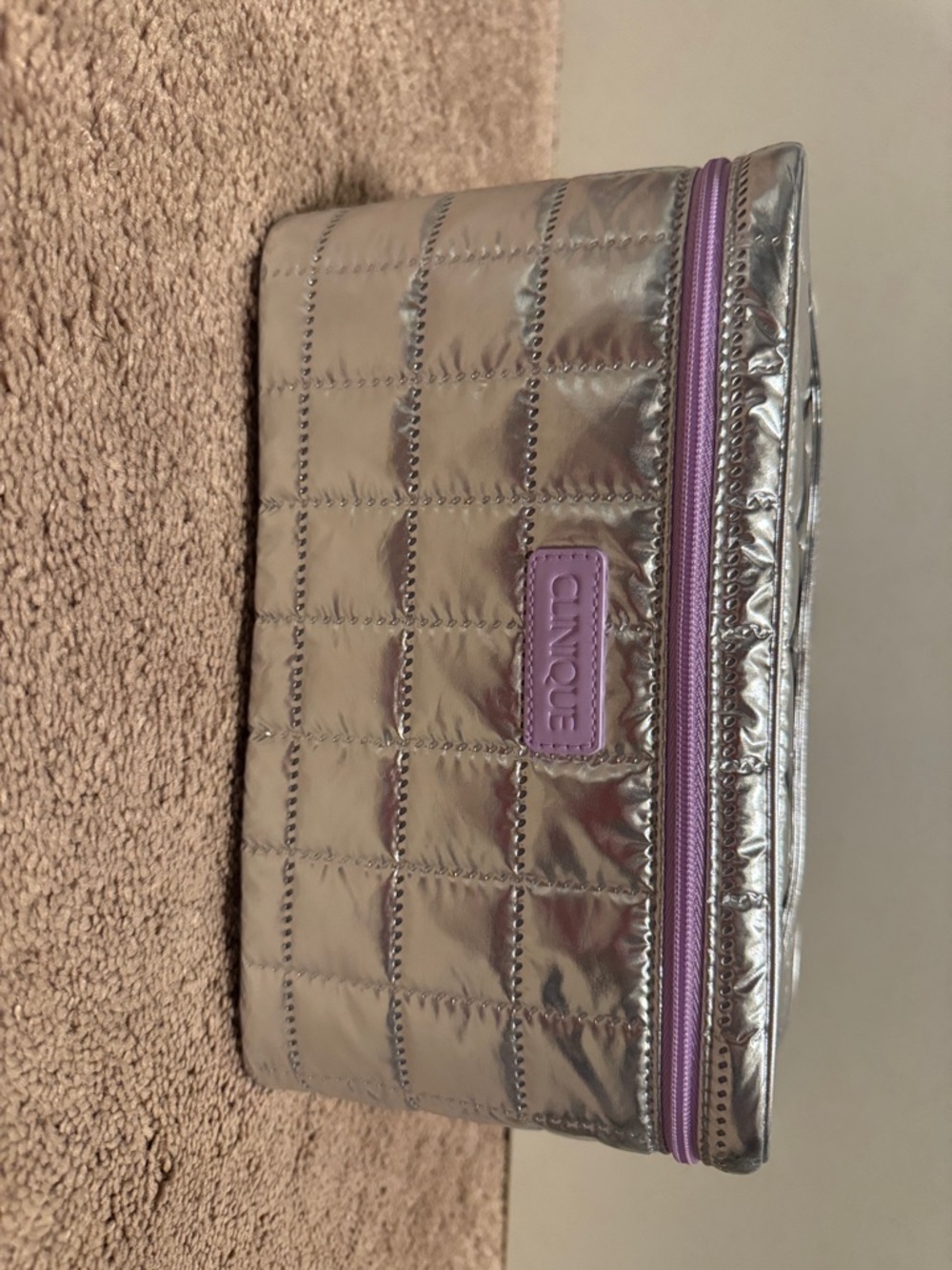 Clinique Metallic Silver Quilted Cosmetic Pouch with Lavender Trim